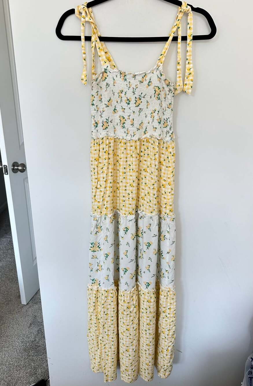 Bebop Women's Yellow Floral Gingham Tiered Smocked Maxi Dress Size XS